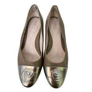 Taryn Rose Bridget Taupe Leather Block Heel Pumps Metallic Rose Cap Toe 39 / 8.5